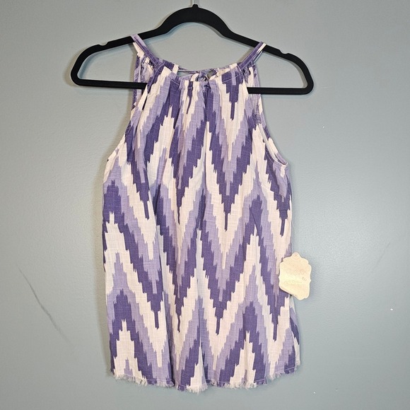 Altard State Tops - Altar'd State Purple White Zig Zag Tank Top Size S Tassel Tie Neck Frayed Hem
